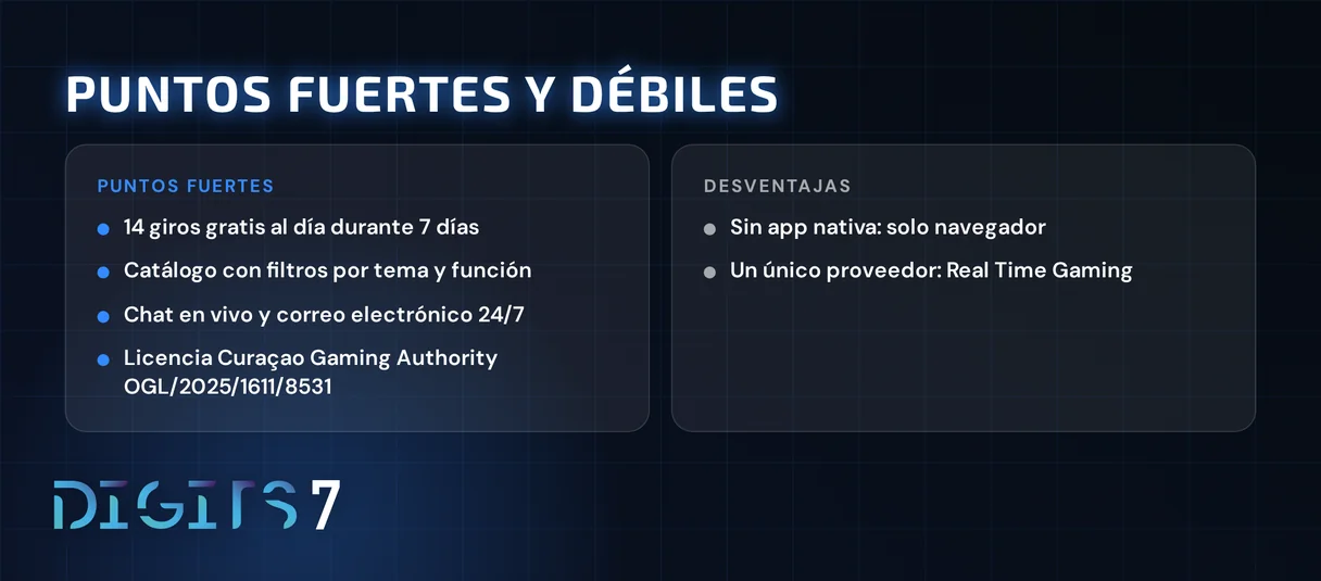 Ventajas y desventajas de Digits7 Casino