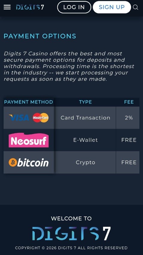 Realiza pagos seguros con Visa, Neosurf y Bitcoin en la versión móvil de Digits7 Casino